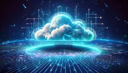 A futuristic cloud computing concept featuring a glowing cloud above a digital landscape with data patterns and connections.