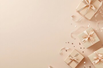 A minimalistic background featuring elegant gift boxes arranged for a special celebration