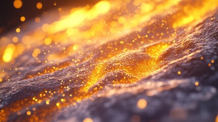 A close-up view of shimmering molten lava, showcasing a glowing, textured surface with orange and golden hues against a dark background.