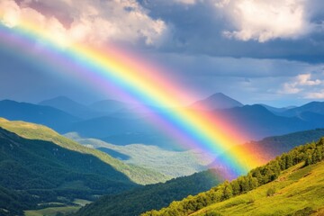 A vibrant rainbow arches gracefully over a serene mountain range during the afternoon