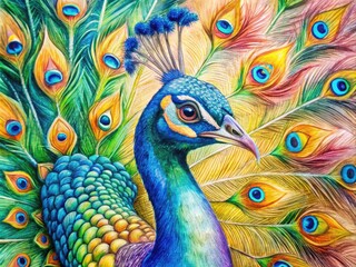 Fototapeta premium Vibrant Drawing of a Peacock Displaying Its Colorful Feathers in Artistic Style on Paper