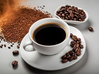 Fototapeta premium Black coffee in white cup with smoke and coffee beans on colored background. White cup with steaming hot coffee