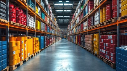 A colorful warehouse filled with stacked storage containers.