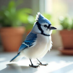 A baby blue jay with soft blue and white feathers standing on a white surface