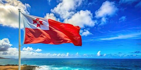 Fototapeta premium Vibrant Easter Island Flag Waving Against a Clear Blue Sky on a Sunny Day in the Pacific Ocean