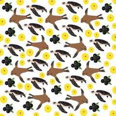 seals, turtles with fruit as a pattern background