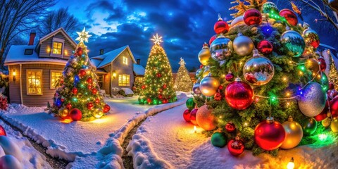 Fototapeta premium Vibrant Festive Decorations with Colorful Ornaments, Lights and Winter Elements for Holiday Cheer