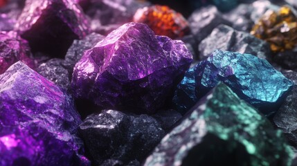 A vibrant array of colorful crystals gleams against a dark background, showcasing their unique textures and hues.