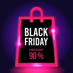 Black Friday neon banner sale. Black Friday neon background with 90 percent discount. Modern neon gift bag design. Vector illustration or shopping advertisement, retail sales and advertising campaign