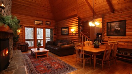 Cozy Cabin Interior with Fireplace and Dining Area