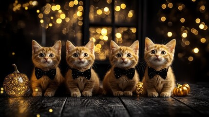Four cute kittens in bow ties pose on a dark wooden surface with golden pumpkins and bokeh lights in the background