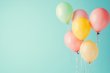 Colorful balloons float against a vibrant turquoise background for celebration and joy