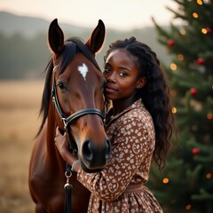 Obraz premium Tenderness moment. Young african american woman posing with horse. Affection between animal and human. Hills, woods, meadow and Christmas tree in background.
