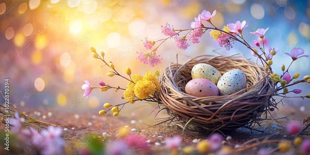 Sticker A delicate woven nest cradles speckled eggs, surrounded by delicate blossoms and a soft glow of light.