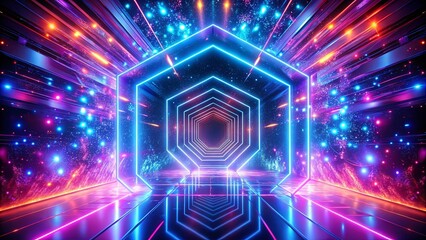 Cosmic Portal of Vibrant Hues A Futuristic Passageway Illuminated by Neon Glow and Shimmering Stars