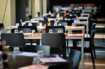 view of deserted arranged restaurant tables