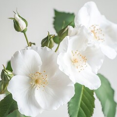 Fototapeta premium A Rosa rugosa bouquet with delicate white petals and a subtle scent, close-up, detailed shot, against a white background