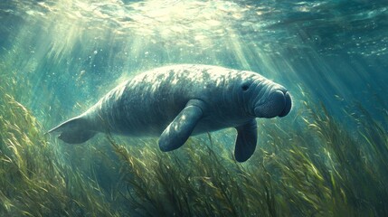 Manatee Swimming in the Seagrass