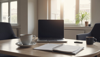 Cozy Workspace with Laptop, Notebook, and Coffee by Window
