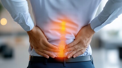 Man in business attire with back pain isolated on light background.