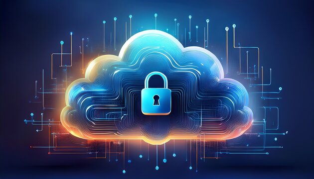 A visually striking cloud graphic featuring a padlock, symbolizing security and privacy in digital storage and cloud computing.