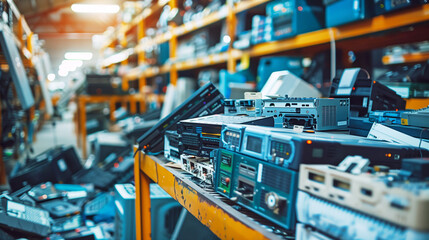 Naklejka premium Warehouse of obsolete electronics and tech equipment amidst shelves