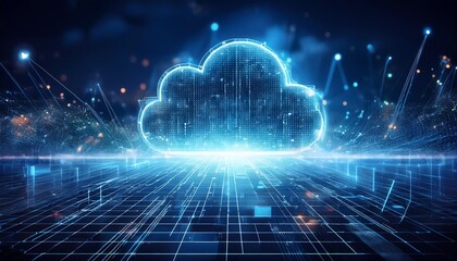 A digital cloud with glowing data particles, representing modern cloud computing technologies and data transfer.