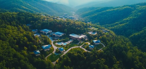 Aerial view of a small town nestled in mountains