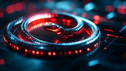 Futuristic ouroboros, metallic snake eating its tail, glowing neon hologram over a sleek black surface, representing eternity in a digital world, Sci-fi, 3D Render