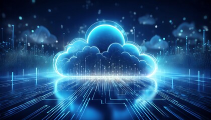 Obraz premium A futuristic blue cloud symbolizing digital data storage amidst glowing lines, representing technology and the concept of cloud computing.