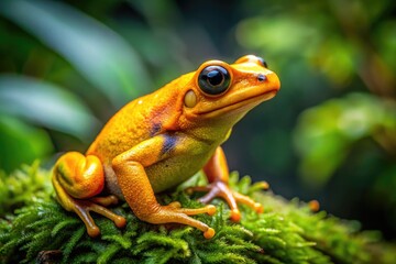 Naklejka premium Vibrant Golden Frog in Its Natural Habitat in Panama's Lush Rainforest Environment