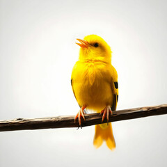 A baby canary with bright yellow feathers singing sweetly on a white background