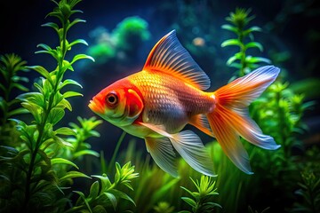 Fototapeta premium Vibrant Goldfish Swimming Gracefully in a Clear Aquarium Surrounded by Lush Green Aquatic Plants