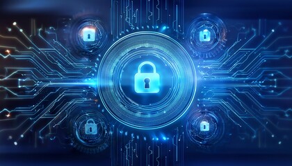 Obraz premium A futuristic digital image featuring a central lock icon, surrounded by interconnected circuitry, symbolizing cybersecurity and data protection.