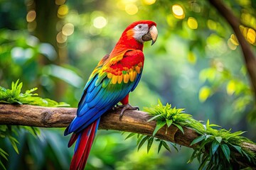 Obraz premium Vibrant Great Macaw Perched on a Branch Against a Lush Green Background in Tropical Rainforest