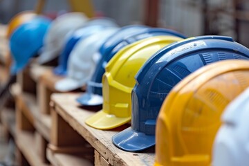 Fototapeta premium Various safety helmets in blue, yellow, and white are arranged neatly on a wooden shelf at a bustling construction site, showcasing their importance for worker protection.