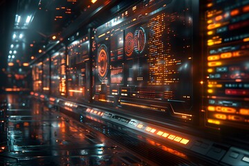 Fototapeta premium Futuristic Control Room Interface with Digital Data Displays for Sci-Fi Design