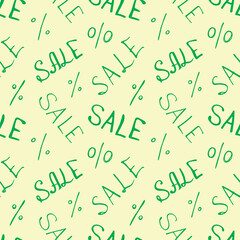 Vector seamless pattern with inscription Sale and percent signs. Hand drawn background and texture on theme of Black Friday, discounts, promo, commercial and special offers. Handwritten backdrop.