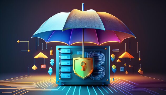 A digital representation featuring a secure server under an umbrella, symbolizing data protection and cybersecurity against digital threats.