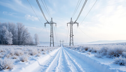 Power Lines Over a Snowy Path in Open Winter Fields