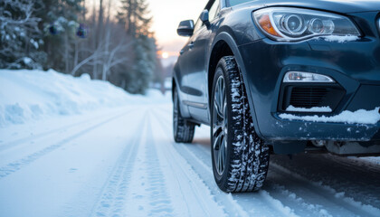 Close-Up of Car Tire Driving on Snowy Road