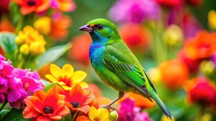 Obraz premium Vibrant Green Bird Perched Among Colorful Flowers in a Lush Garden Setting for Nature Lovers
