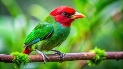 Obraz premium Vibrant Green Bird with Striking Red Beak Perched on Branch in Natural Habitat, Captivating Wildlife