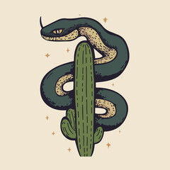 Snake Wrapped Around Cactus Illustration