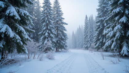 Fototapeta premium Snowy Trail Through Frosted Pine Forest