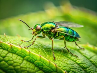 Vibrant Green Flying Bug Perched on Leaf in Nature with Soft Focus Background and Bright Colors