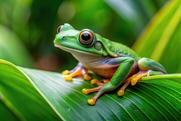 Obraz premium Vibrant Green Frog Perched on a Leaf in a Lush Natural Habitat Surrounded by Nature's Beauty