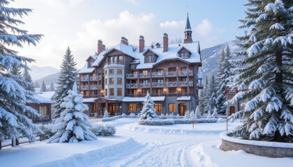 Fototapeta premium Large Snow-Covered Mountain Resort with Pine Trees