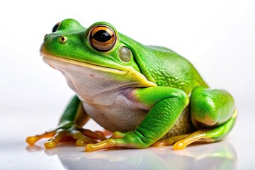 Obraz premium Vibrant Green Frog Sitting Against a Crisp White Background Highlighting Its Unique Features and Color