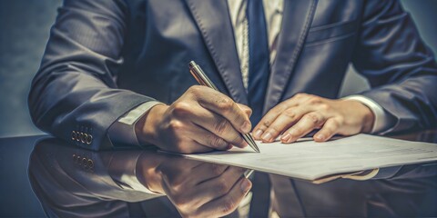 Fototapeta premium Business hand signing a contract with a pen against a dark background